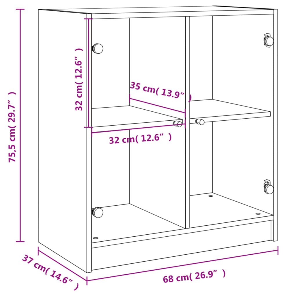 Sideskab med glaslåger Brun Eg Look 68x37x75,5 cm