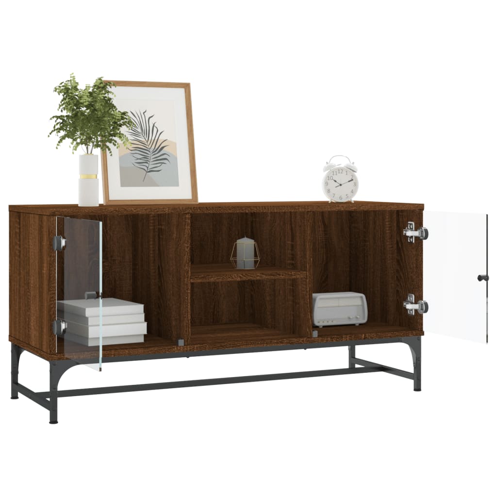 Tv-møbel med glaslåger brun eg look 102x37x50 cm