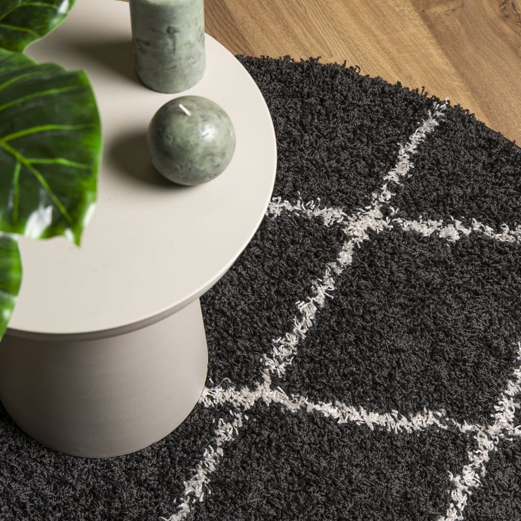 Gulvtæppe Shaggy Deep Pile Modern Sort og Creme Ø 240 cm