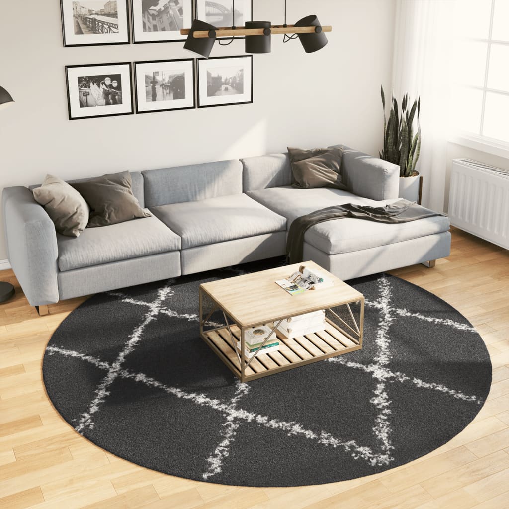 Gulvtæppe Shaggy Deep Pile Modern Sort og Creme Ø 240 cm