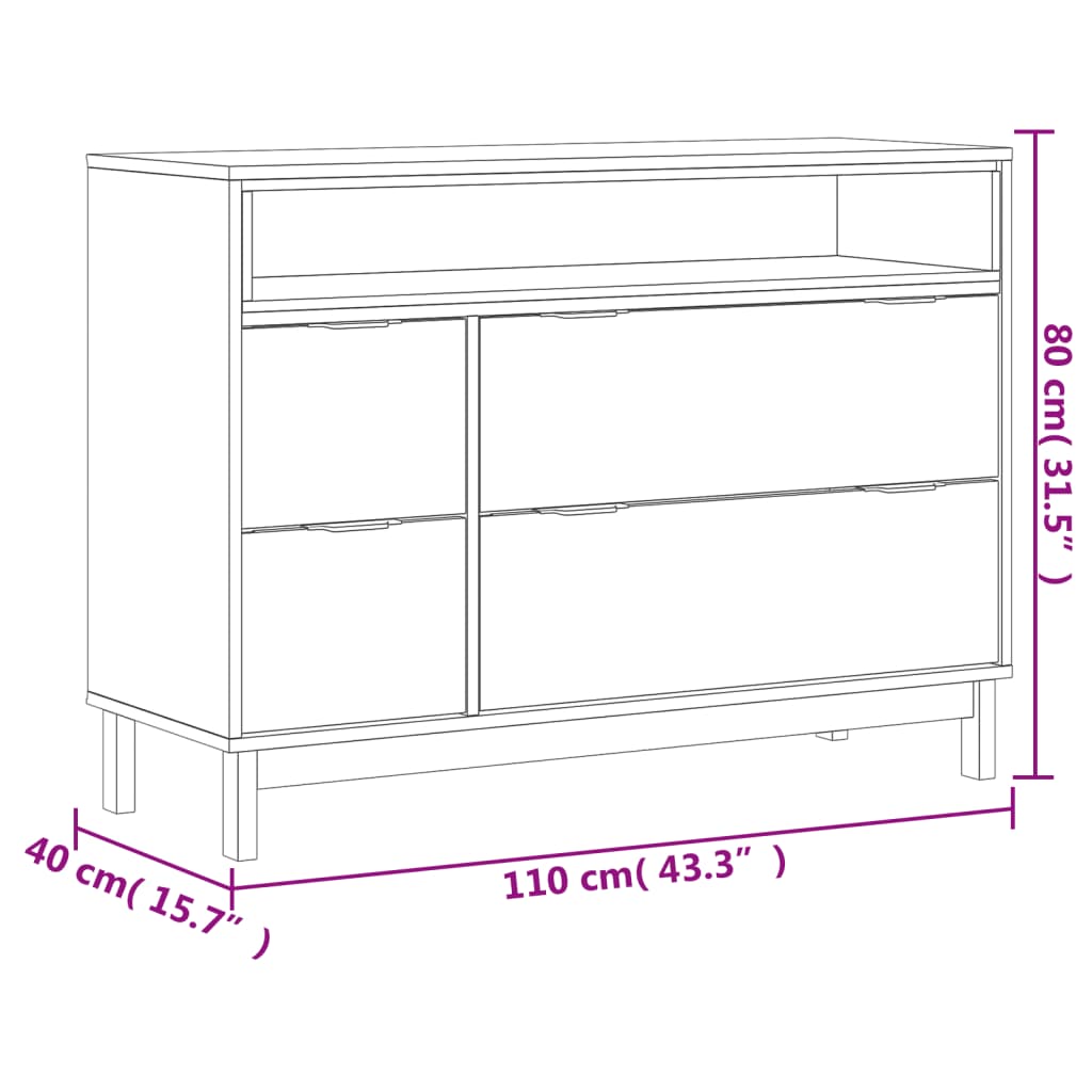 Skuffeskab FLAM 110x40x80 cm massiv fyrretræ