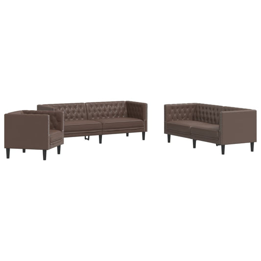 3-tlg. Chesterfield-Sofa-Set Braun Kunstleder