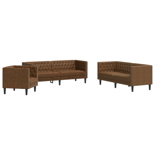 3-tlg. Chesterfield-Sofa-Set Braun Kunstleder Wildleder-Optik