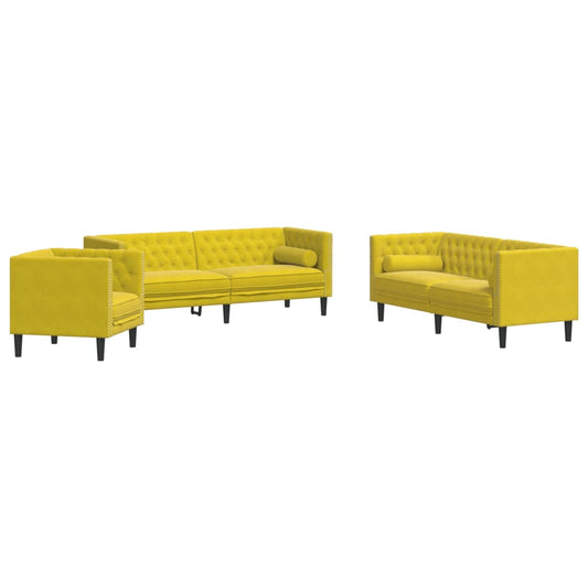3-tlg. Chesterfield-Sofa-Set mit Nackenrollen Gelb Samt