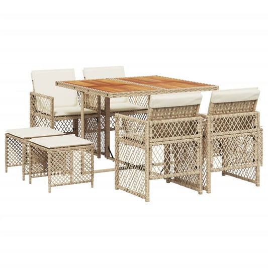 9-tlg. Garten-Essgruppe mit Kissen Beige Poly Rattan