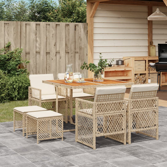 9-tlg. Garten-Essgruppe mit Kissen Beige Poly Rattan