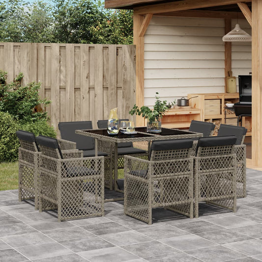 9-tlg. Garten-Essgruppe mit Kissen Grau Poly Rattan