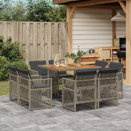 9-tlg. Garten-Essgruppe mit Kissen Grau Poly Rattan