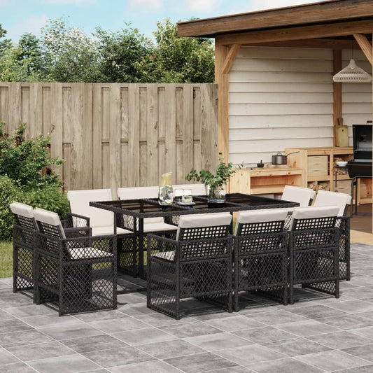 11-tlg. Garten-Essgruppe mit Kissen Schwarz Poly Rattan