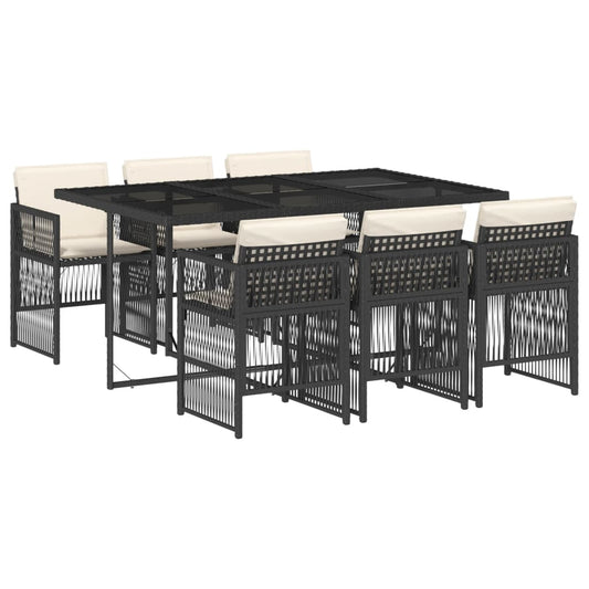 7-tlg. Garten-Essgruppe mit Kissen Schwarz Poly Rattan