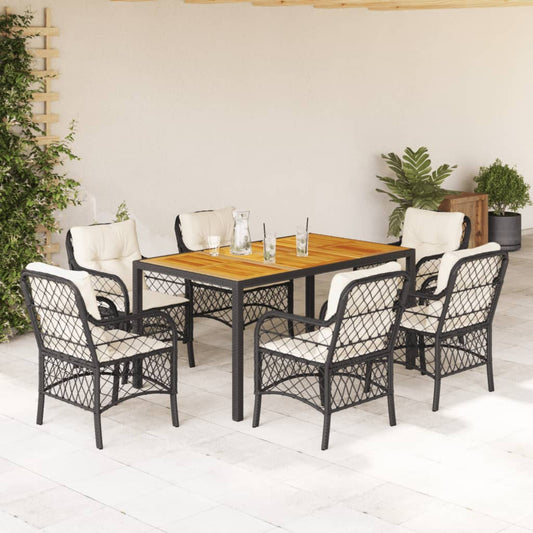 7-tlg. Garten-Essgruppe mit Kissen Schwarz Poly Rattan