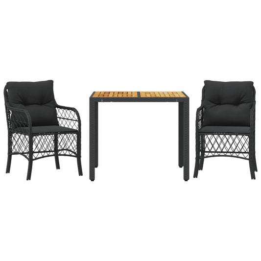 3-tlg. Bistro-Set mit Kissen Schwarz Poly Rattan
