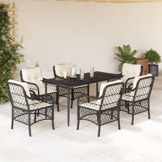 7-tlg. Garten-Essgruppe mit Kissen Schwarz Poly Rattan