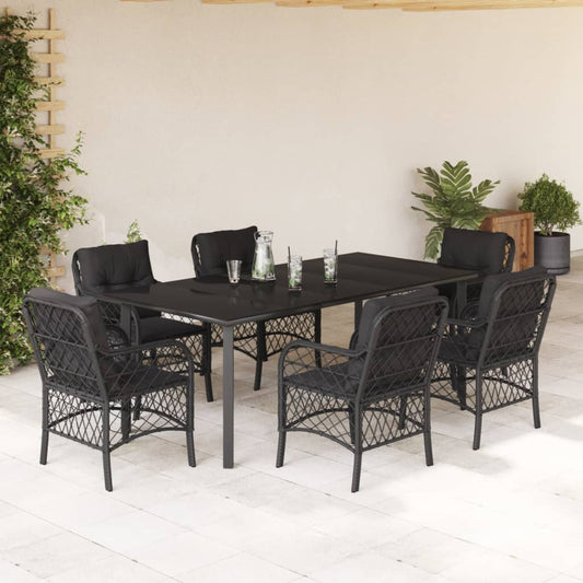 7-tlg. Garten-Essgruppe mit Kissen Schwarz Poly Rattan