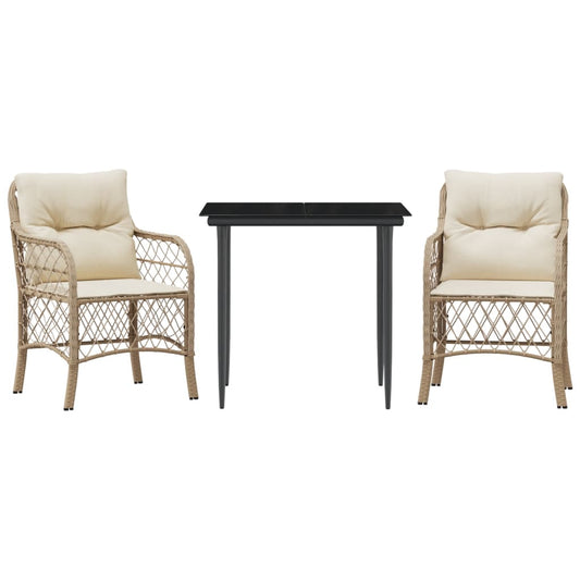 3-tlg. Bistro-Set mit Kissen Beige Poly Rattan
