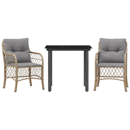 3-tlg. Bistro-Set mit Kissen Beigemischung Poly Rattan