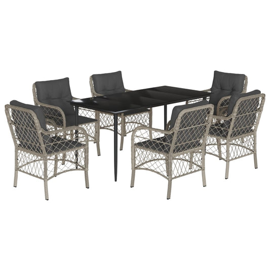 7-tlg. Garten-Essgruppe mit Kissen Hellgrau Poly Rattan