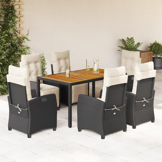 7-tlg. Garten-Essgruppe mit Kissen Schwarz Poly Rattan