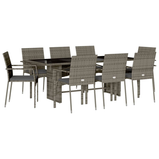9-tlg. Garten-Essgruppe mit Kissen Grau Poly Rattan