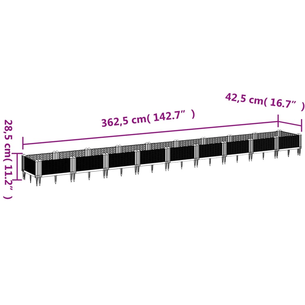 Plantekasse med jordspyd Grå 362,5x42,5x28,5 cm PP