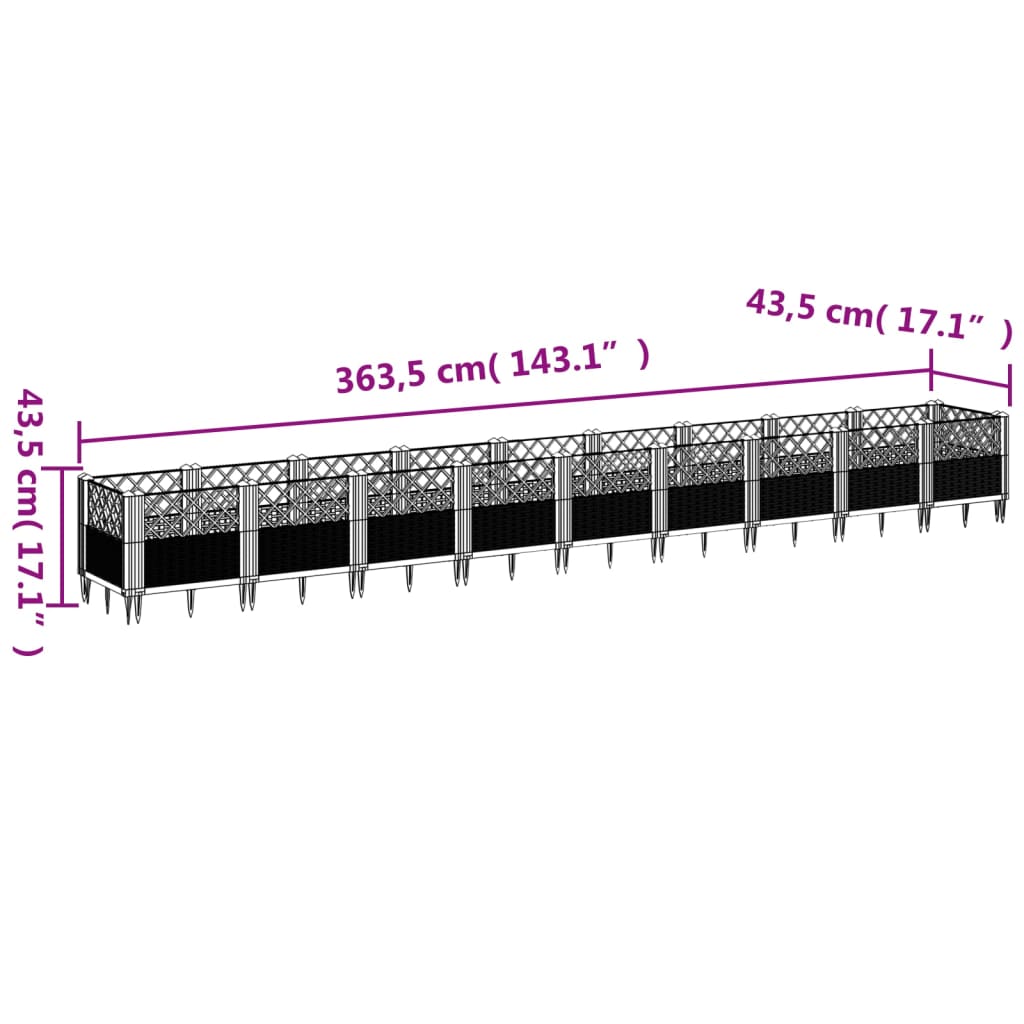 Plantekasse med jordspyd Sort 363,5x43,5x43,5 cm PP