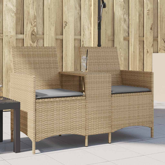 Havesofa 2-personers med bord og hynder Beige polyrattan