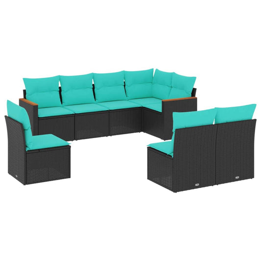 8-teiliges Gartensofa-Set mit Kissen, schwarzes Polyrattan