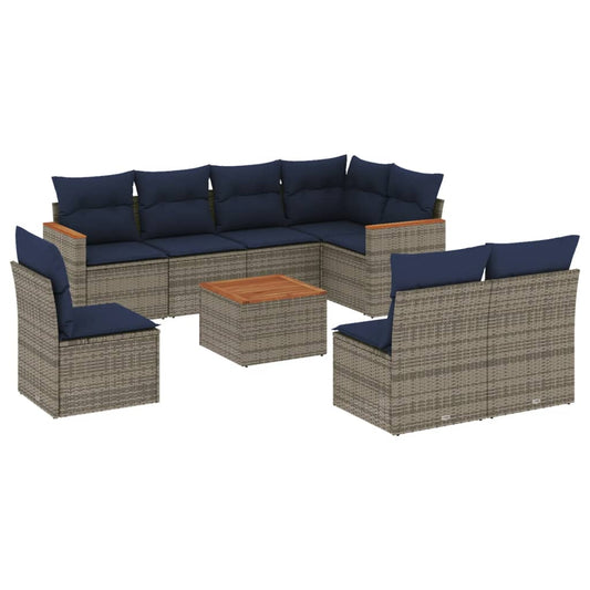 9-teiliges Gartensofa-Set mit Kissen, grau, Polyrattan