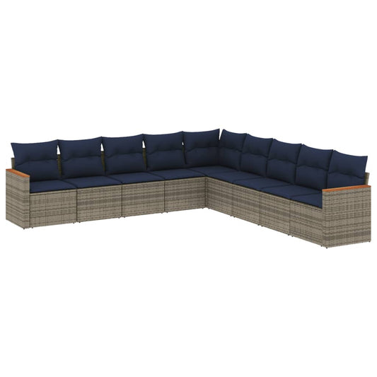 9-teiliges Gartensofa-Set mit Kissen, grau, Polyrattan