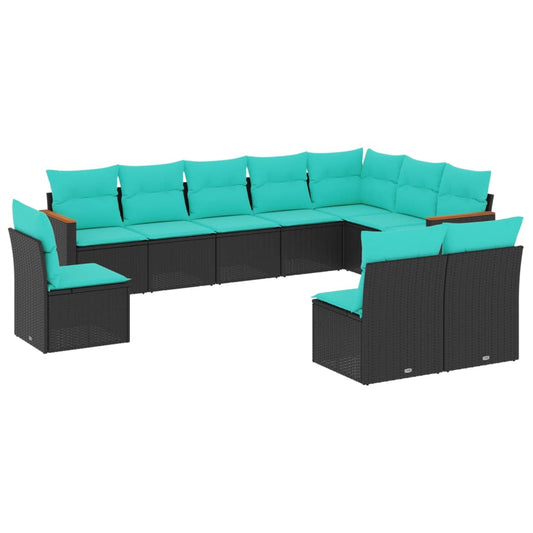 10-teiliges Gartensofa-Set mit Kissen, schwarzes Polyrattan