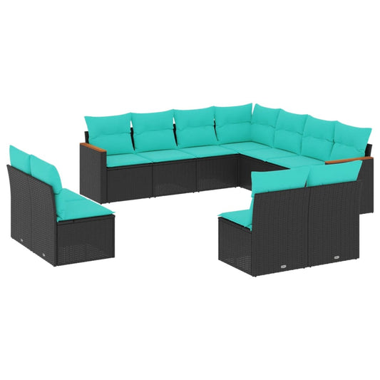 11-teiliges Gartensofa-Set mit Kissen, schwarzes Polyrattan
