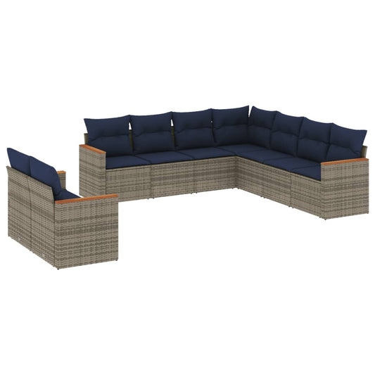 9-teiliges Gartensofa-Set mit Kissen, grau, Polyrattan