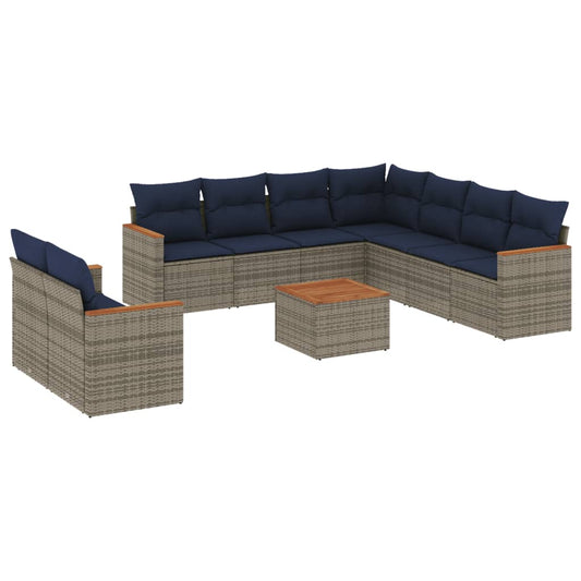 10-teiliges Gartensofa-Set mit Kissen, grau, Polyrattan