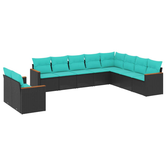 10-teiliges Gartensofa-Set mit Kissen, schwarzes Polyrattan