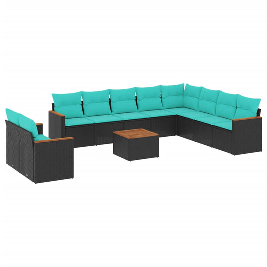 11-teiliges Gartensofa-Set mit Kissen, schwarzes Polyrattan