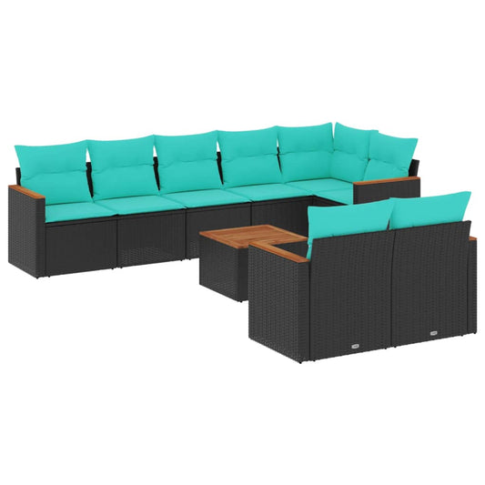 9-teiliges Gartensofa-Set mit Kissen, schwarzes Polyrattan
