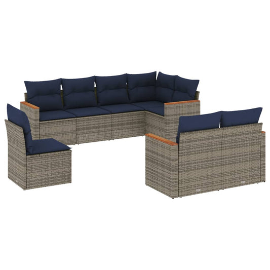 8-teiliges Gartensofa-Set mit Kissen, grau, Polyrattan