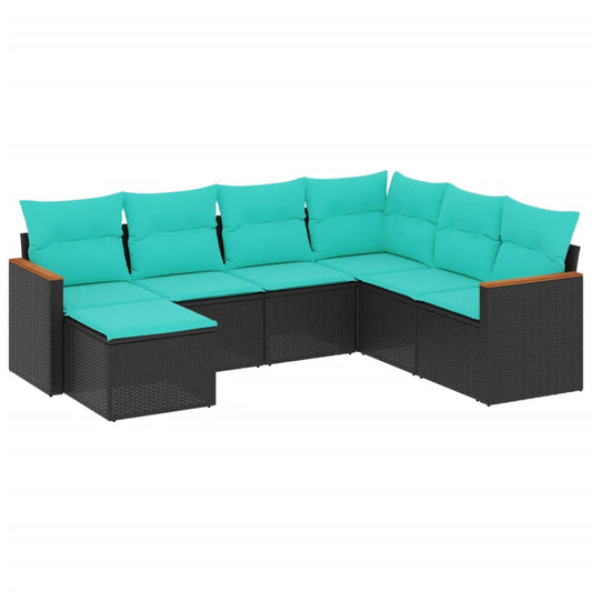 7-teiliges Gartensofa-Set mit Kissen, schwarzes Polyrattan