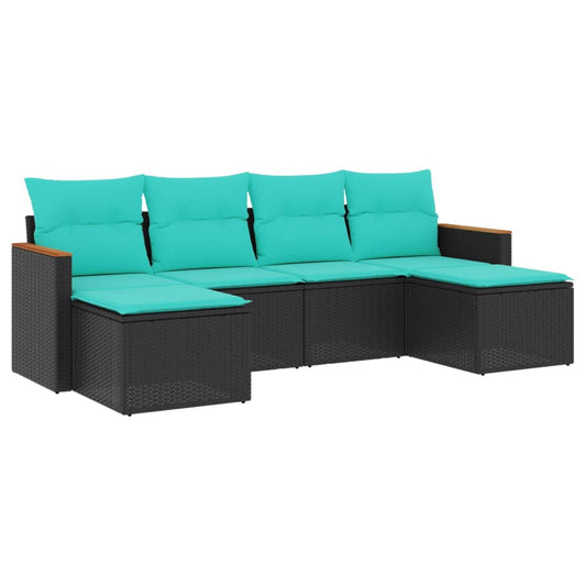 6-teiliges Gartensofa-Set mit Kissen, schwarzes Polyrattan