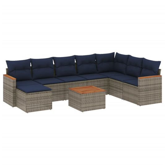 9-teiliges Gartensofa-Set mit Kissen, grau, Polyrattan