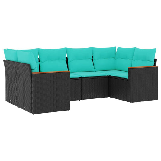 6-teiliges Gartensofa-Set mit Kissen, schwarzes Polyrattan