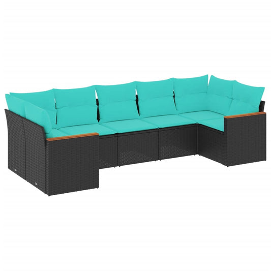 7-teiliges Gartensofa-Set mit Kissen, schwarzes Polyrattan