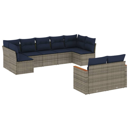 9-teiliges Gartensofa-Set mit Kissen, grau, Polyrattan