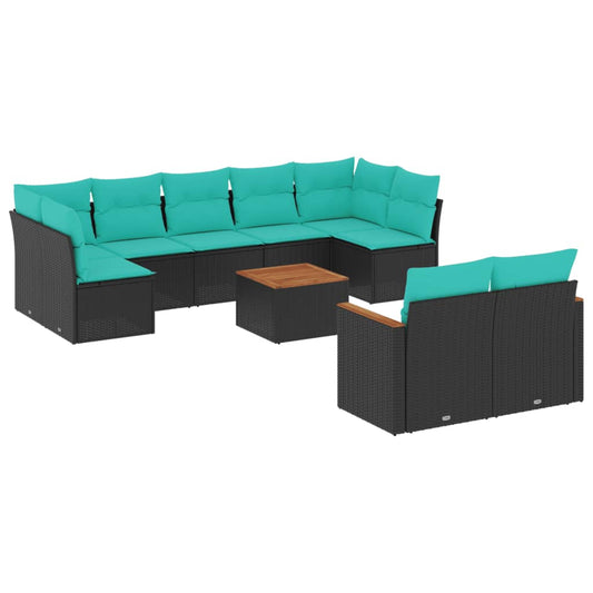 10-teiliges Gartensofa-Set mit Kissen, schwarzes Polyrattan