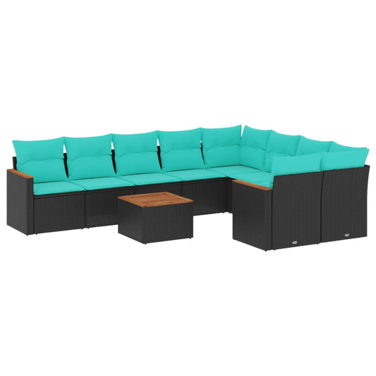 10-teiliges Gartensofa-Set mit Kissen, schwarzes Polyrattan