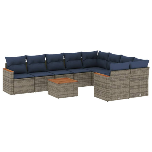 10-teiliges Gartensofa-Set mit Kissen, grau, Polyrattan