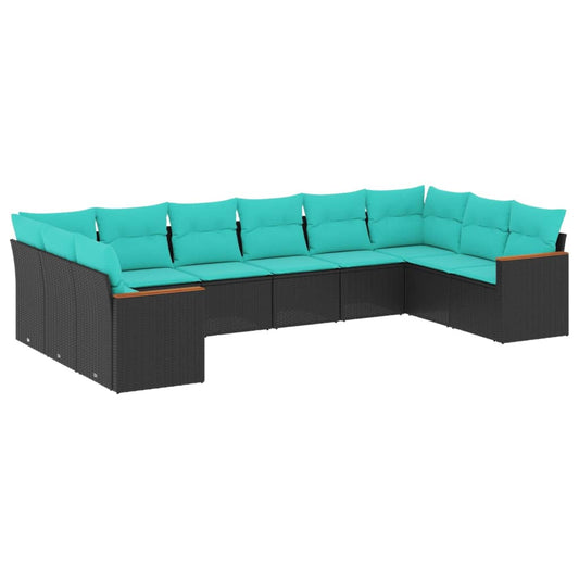 10-teiliges Gartensofa-Set mit Kissen, schwarzes Polyrattan