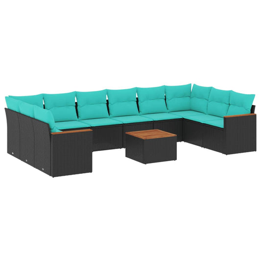 11-teiliges Gartensofa-Set mit Kissen, schwarzes Polyrattan