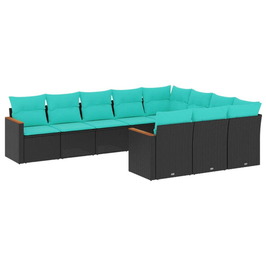 10-teiliges Gartensofa-Set mit Kissen, schwarzes Polyrattan