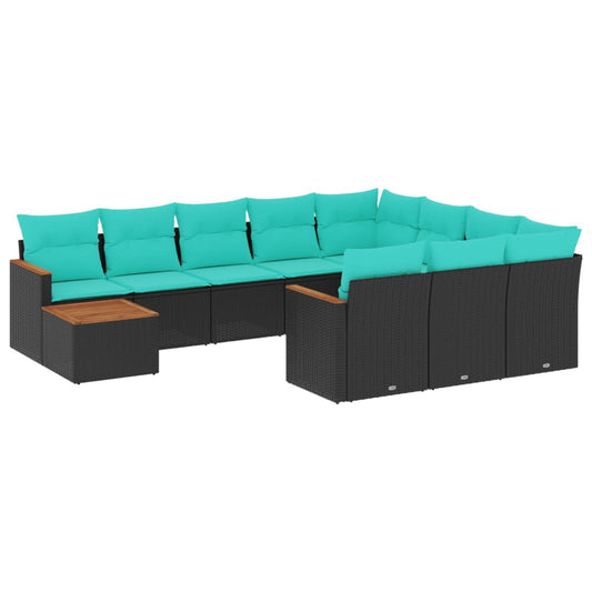 11-teiliges Gartensofa-Set mit Kissen, schwarzes Polyrattan